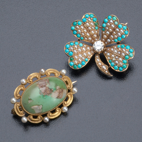 Appraisal: Two Victorian k gold brooches with turquoise and seed pearls