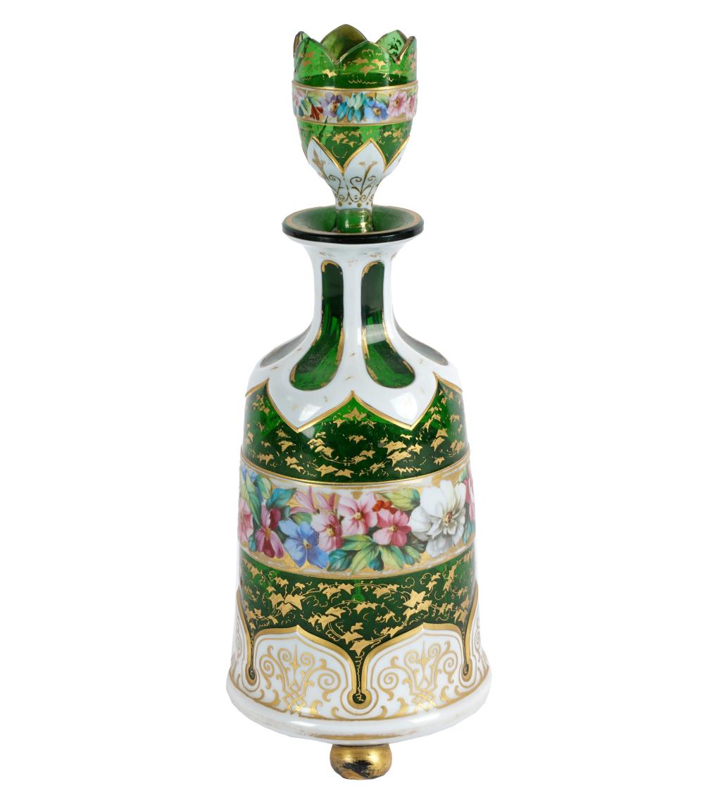 Appraisal: ENAMELED GREEN GLASS DECANTERunmarked inches high Condition