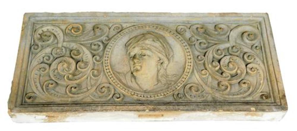 Appraisal: GARDEN Edwardian style cement frieze relief head centered in scroll