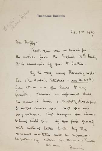 Appraisal: DREISER THEODORE Autograph Letter Signed Dreiser to Richard Duffy inviting