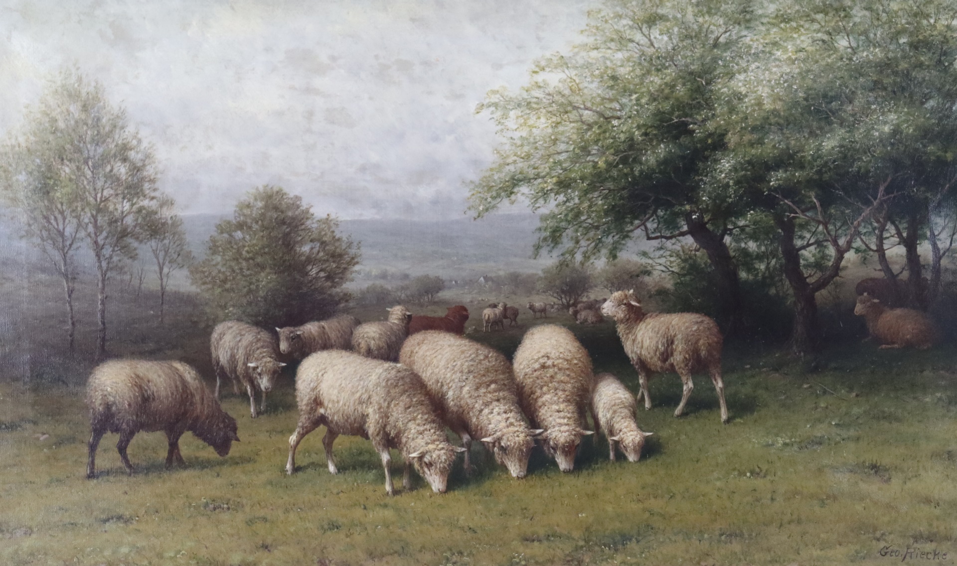 Appraisal: GEORGE RIECKE AMERICAN - Oil on canvas Sheep in a