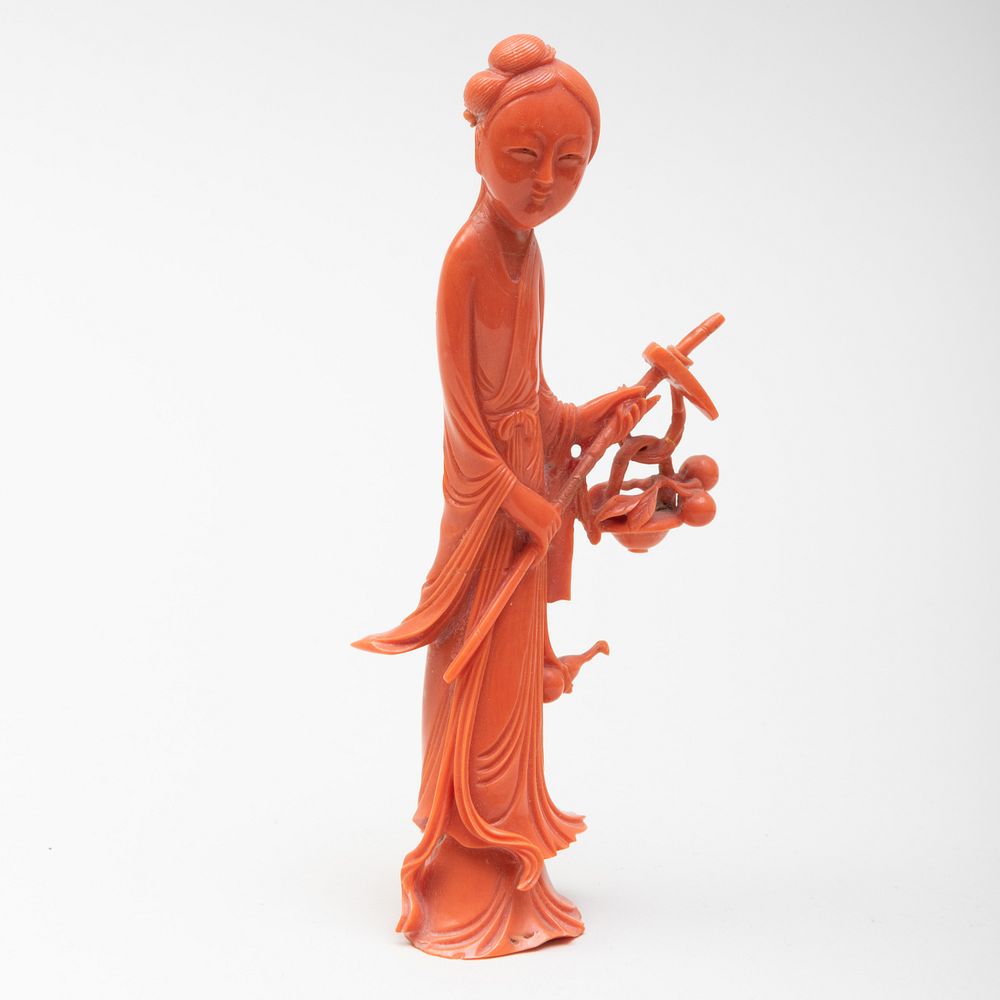 Appraisal: Chinese Coral Figure of Ho-Xian-Ku The female Taoist Immortal holds