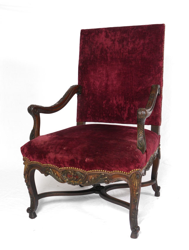 Appraisal: CARVED PAINT DECORATED THRONE CHAIR Profusely carved arms supports skirt