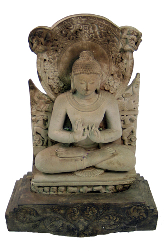 Appraisal: AN EAST INDIAN STONE AND WOOD SCULPTURE Buddha seated on