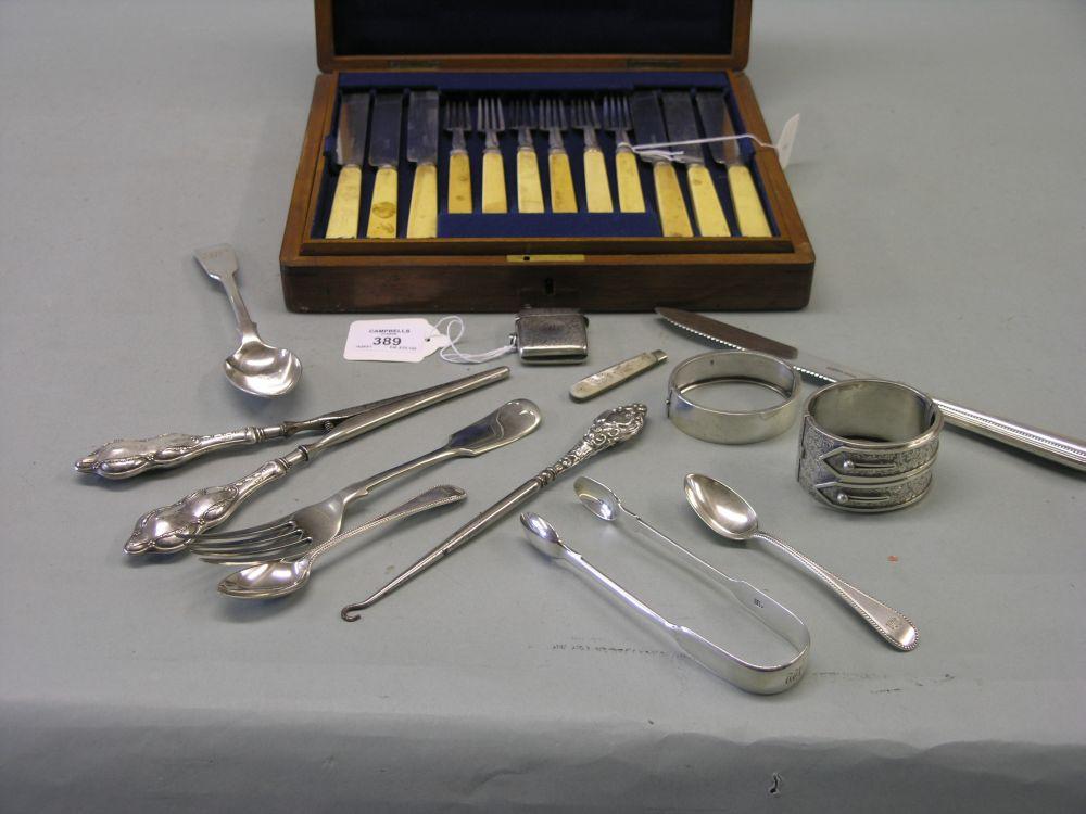 Appraisal: Small silverware including an engraved vesta case Birmingham two silver