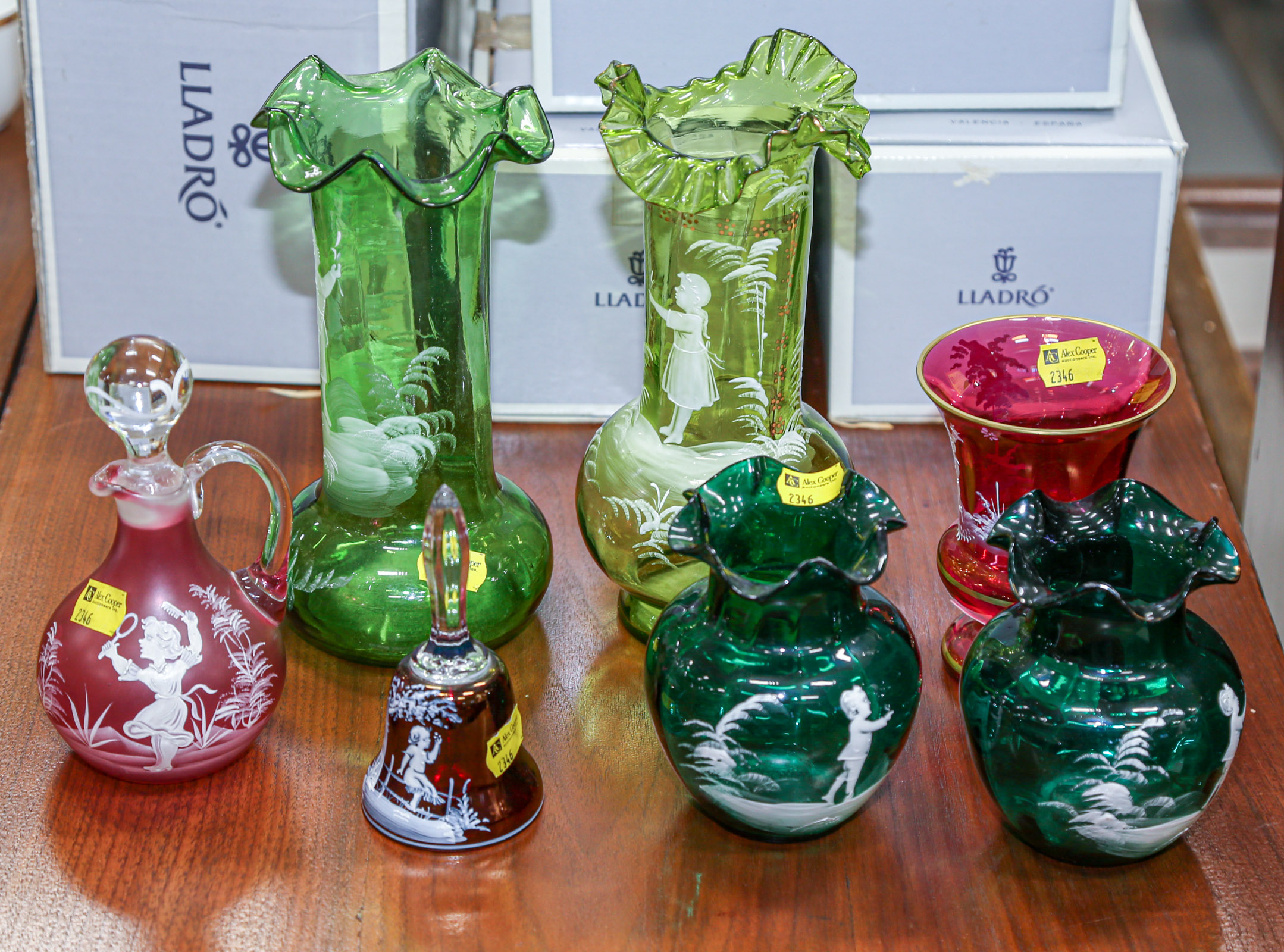 Appraisal: SIX PIECES OF MARY GREGORY STYLE GLASSWARE to in H