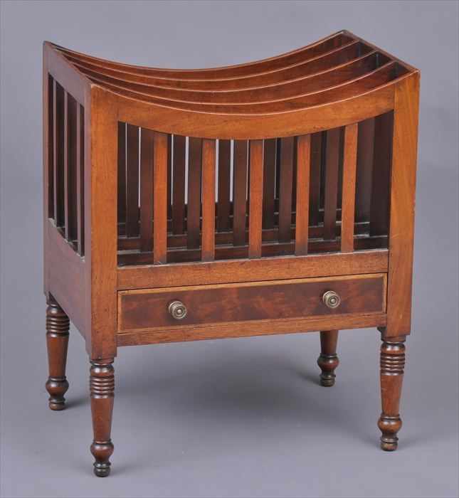 Appraisal: REGENCY INLAID MAHOGANY CANTERBURY The four divisions with dipped rails