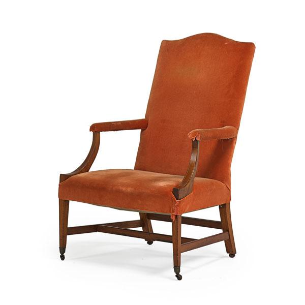 Appraisal: FEDERAL OPEN ARMCHAIR Mahogany frame line inlay ca x x