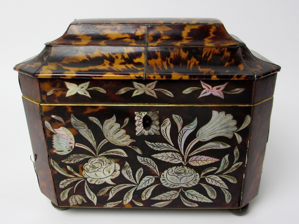 Appraisal: A George III tortoiseshell and abalone shell octagonal tea caddy