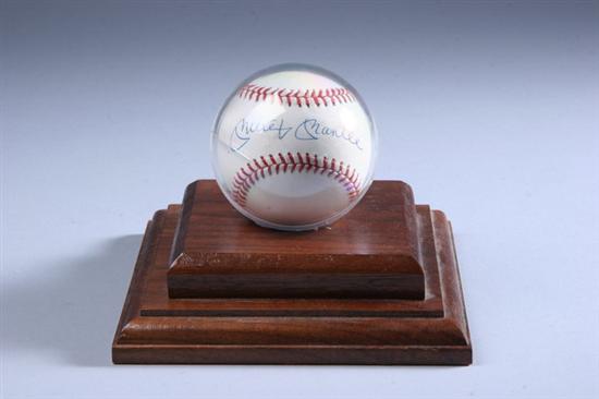 Appraisal: MICKEY MANTLE AUTOGRAPHED BASEBALL Mounted on a wood stand in