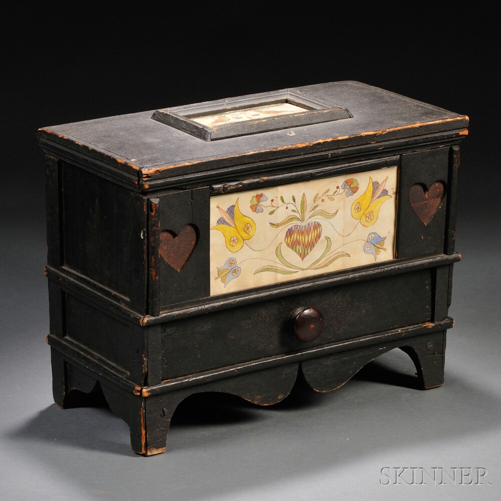 Appraisal: Black-painted Lidded Box Inset with Frakturs possibly Pennsylvania early th