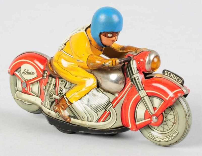 Appraisal: Tin Litho Schuco Motorcycle Wind-Up Toy German Working Marked Made