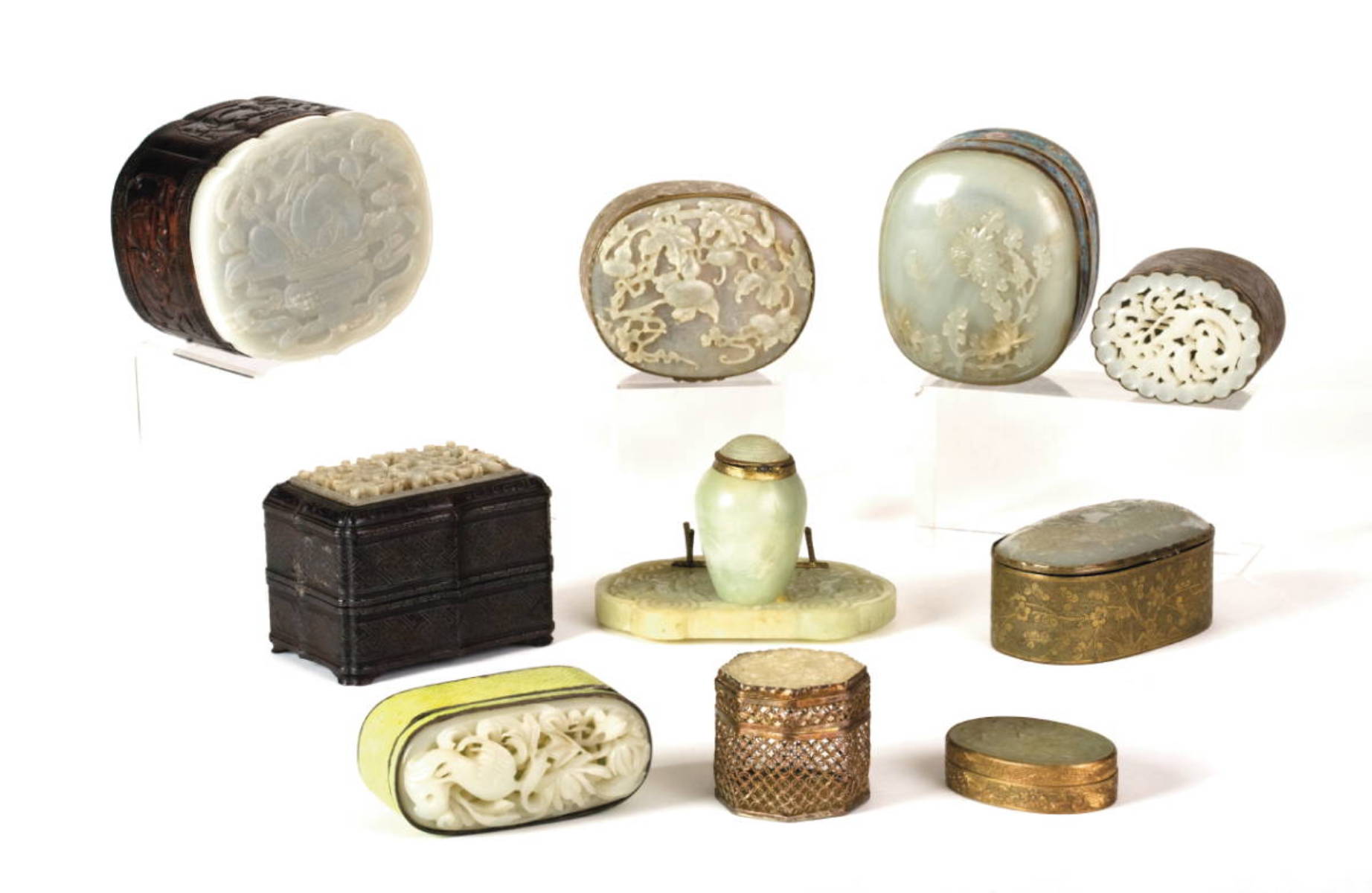 Appraisal: COLLECTION OF NINE SMALL ORIENTAL BOXES THE TOPS INSET WITH