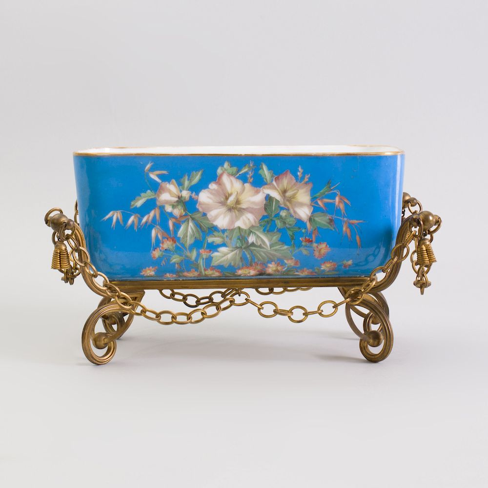 Appraisal: French Gilt-Metal-Mounted Blue Ground Opaline Glass Jardini re Painted with