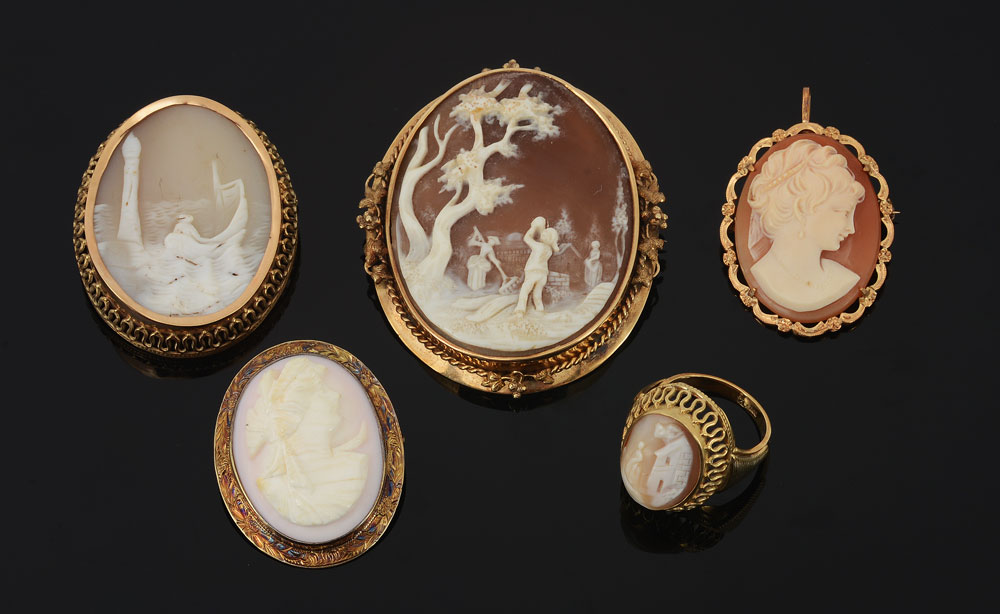 Appraisal: PIECE CARVED CAMEO JEWELRY The group includes pins and a