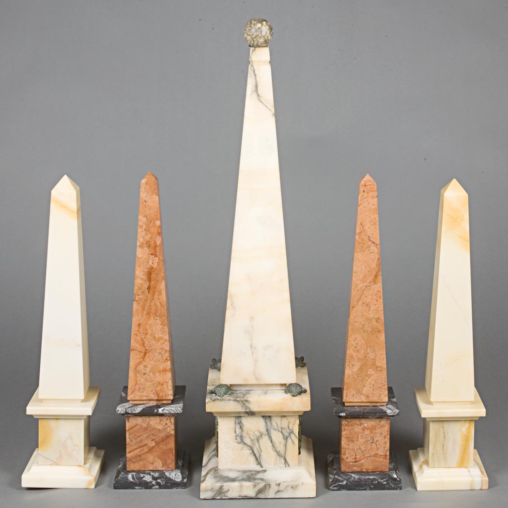 Appraisal: Group of Five Neoclassical Style Marble Obelisks Height of tallest