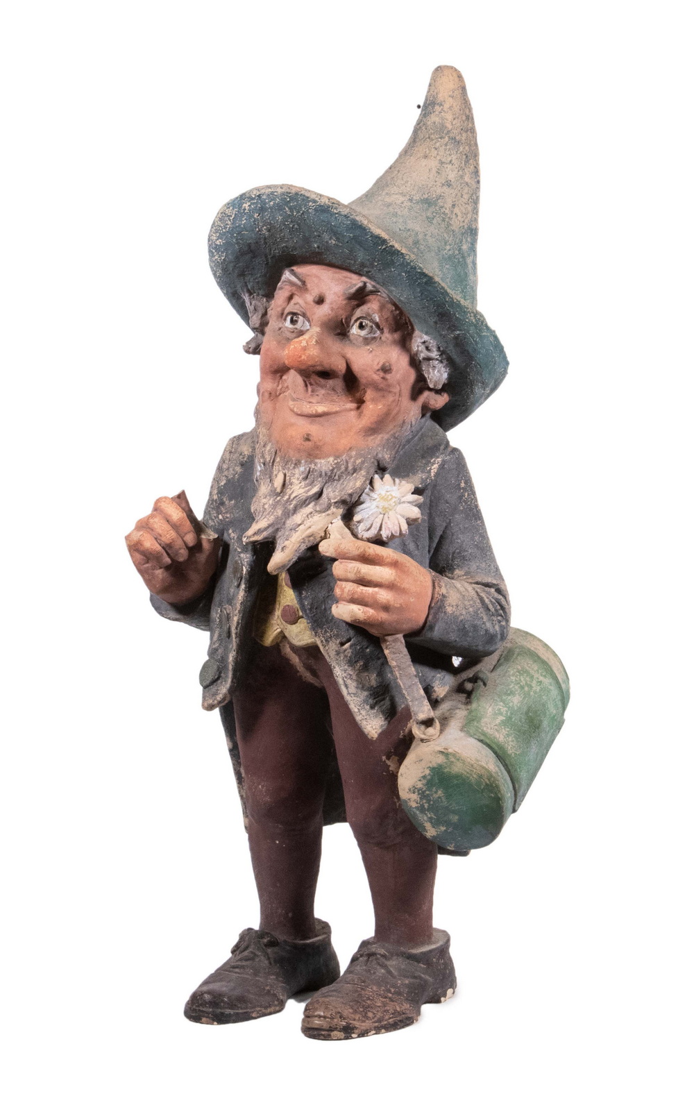 Appraisal: PAINTED POTTERY GARDEN GNOME Vintage German-Made Standing Gnome Figure with