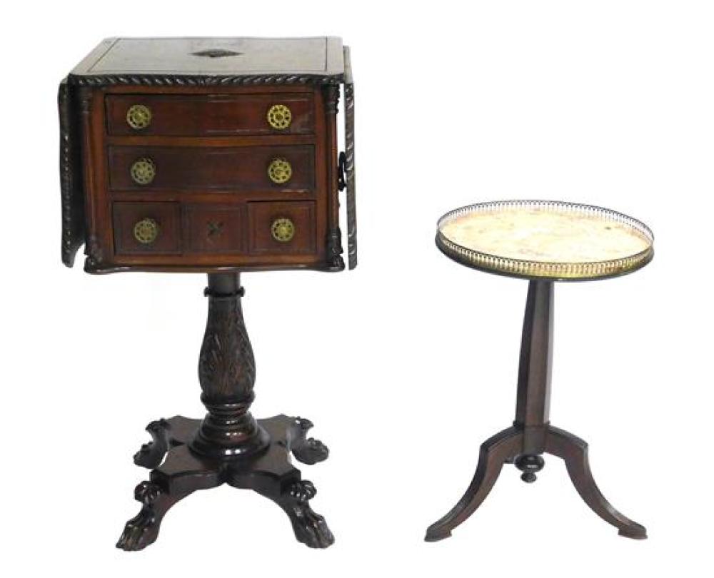 Appraisal: Empire style work table and marble top stand details include