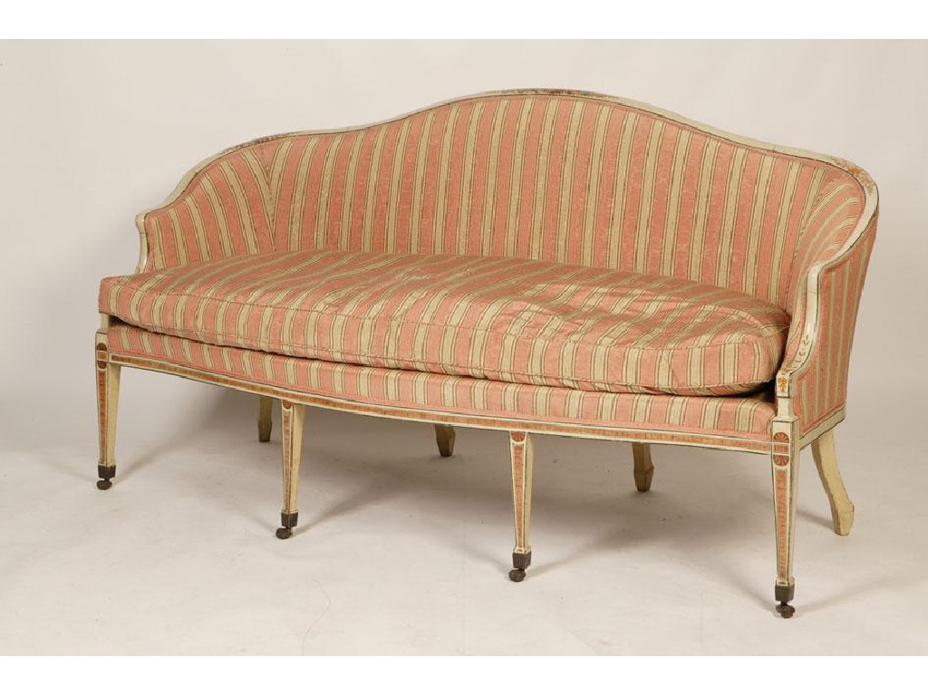 Appraisal: A LATE GEORGE III PAINTED AND UPHOLSTERED SETTEE the frame