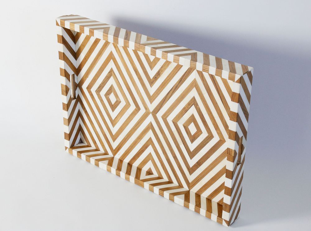 Appraisal: Camel Bone and Mango Wood Geometric Inlaid Serving Tray Camel