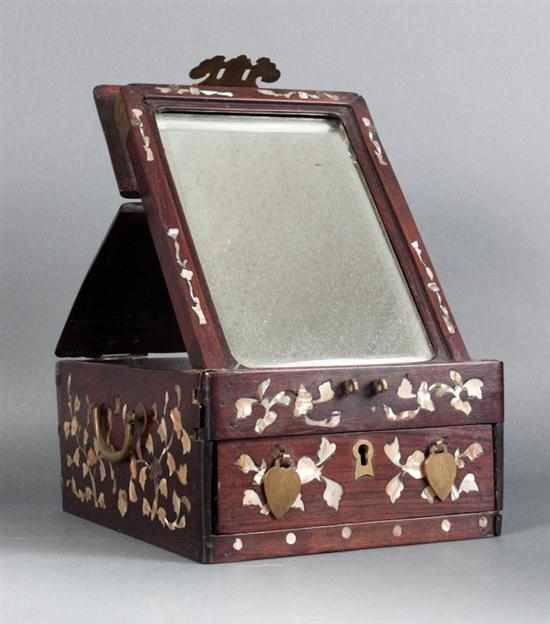 Appraisal: Chinese brass-mounted mother-of-pearl inlaid rosewood travelling vanity box second half-