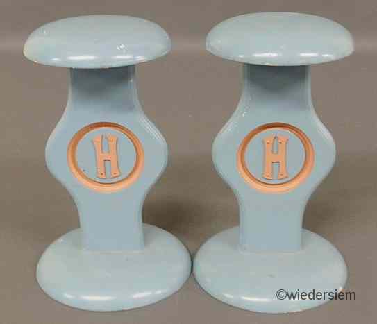 Appraisal: Pair of blue painted Hermes hat stands ''h each