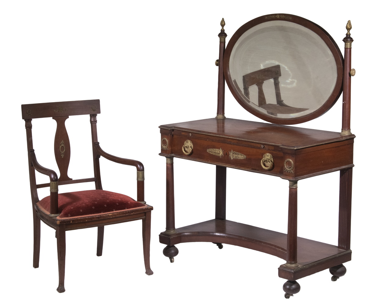 Appraisal: MAHOGANY VANITY WITH CHAIR Vintage Bronze Mounted Empire Style Dressing