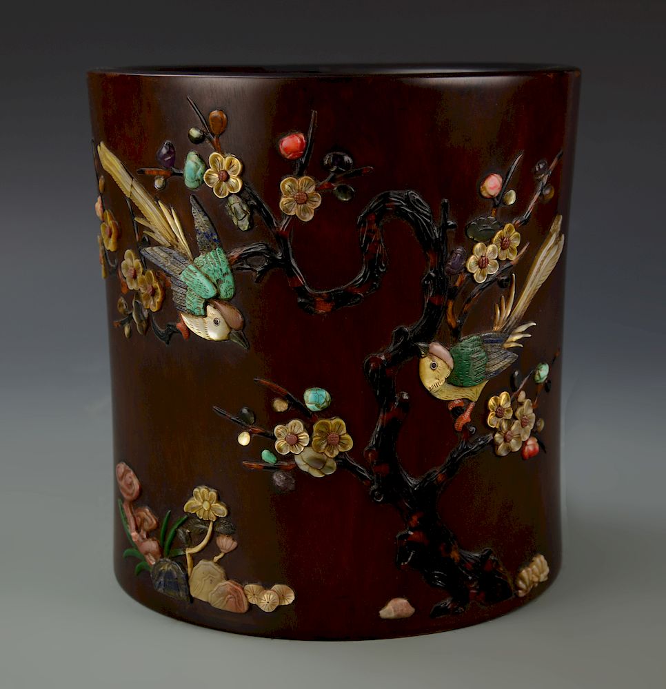 Appraisal: Chinese Hardwood Inlaid Brush Pot Wood brush pot with inlays