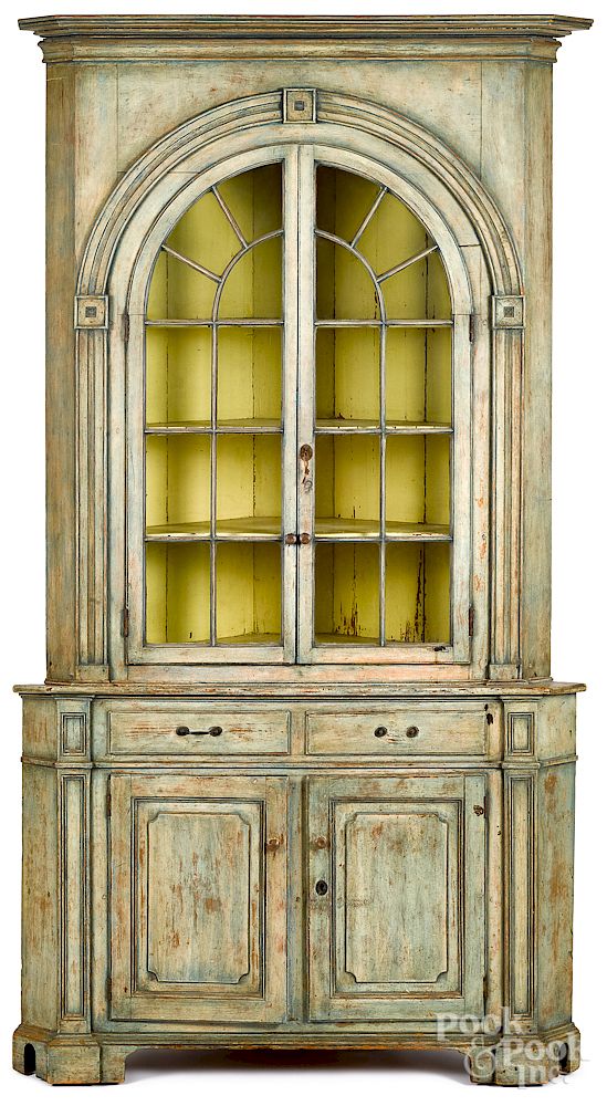 Appraisal: Pennsylvania two-part corner cupboard Pennsylvania painted pine two-part architectural corner