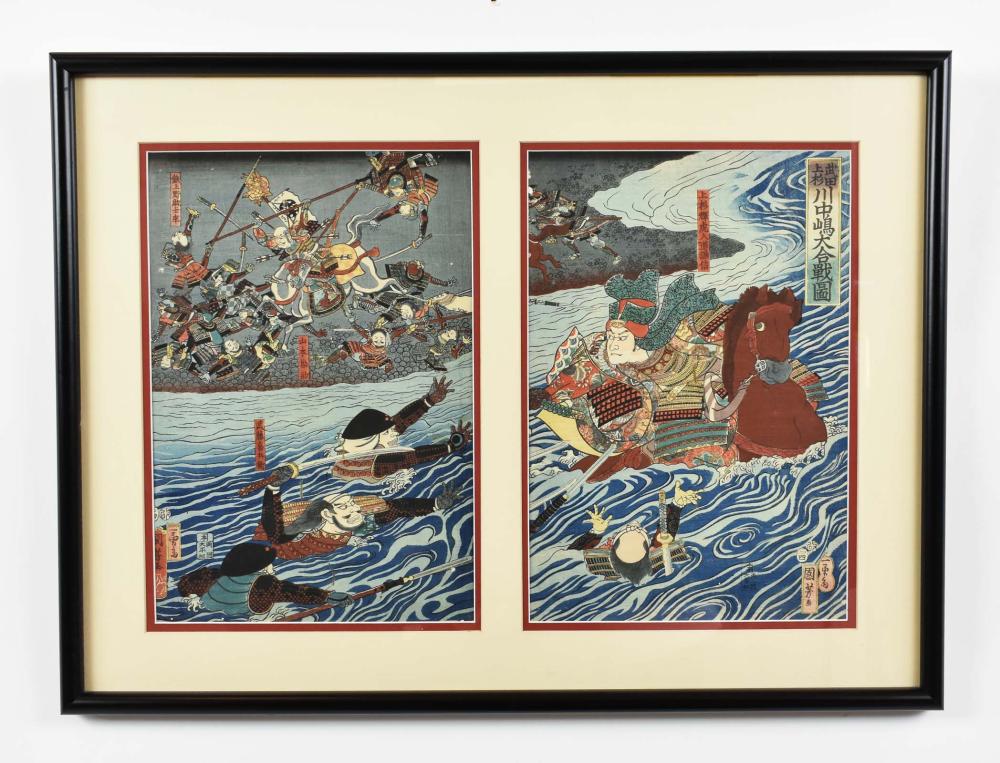 Appraisal: JAPANESE UKIYO-E WOODBLOCK DIPTYCHDepicting a scene with Warriors battling in