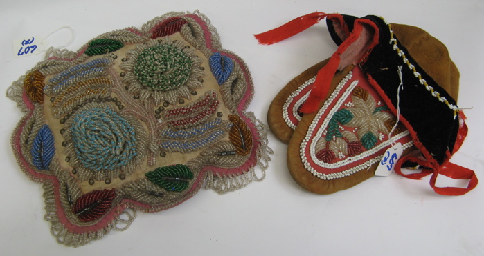 Appraisal: THREE HAND BEADED NATIVE AMERICAN PIECES a pair of Indian