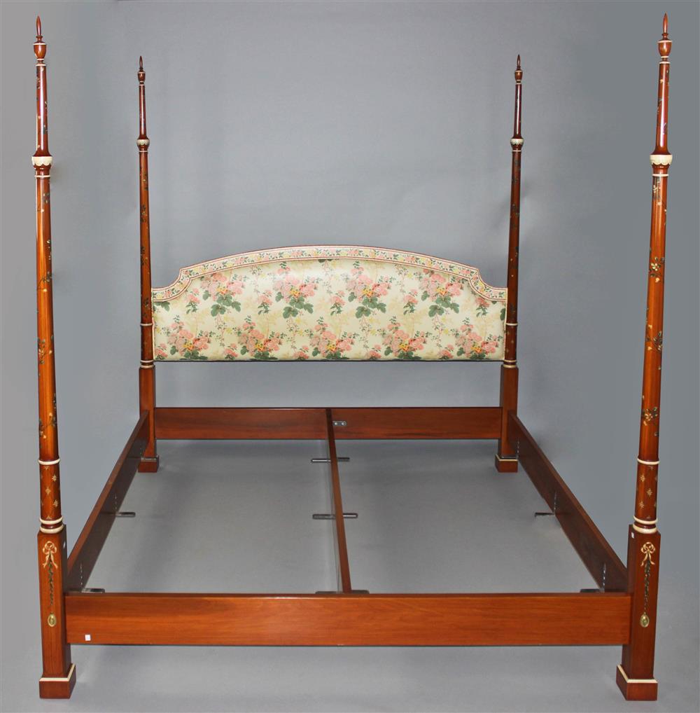 Appraisal: GEORGE III STYLE PAINTED SATINWOOD FOUR POSTER BEDSTEAD the arched