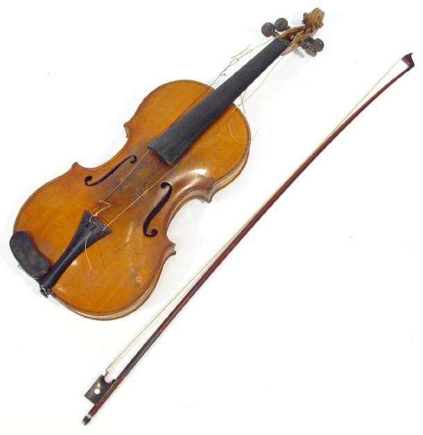 Appraisal: Old wooden violin with one piece back and bow with