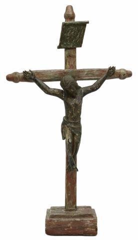 Appraisal: Large carved wood crucifix Mexico th c polychrome painted crucified