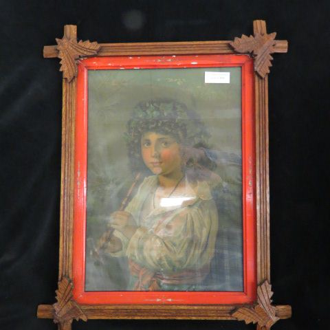 Appraisal: Victorian Carved Walnut Twig Frame lithograph of child approx x