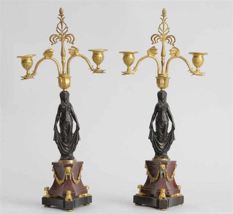 Appraisal: PAIR OF EMPIRE STYLE BRONZE GILT-METAL AND MARBLE TWO-LIGHT FIGURAL