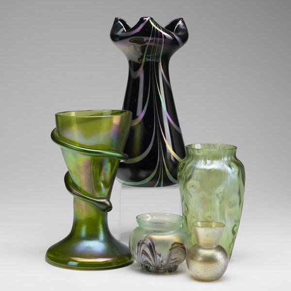 Appraisal: ART GLASS VASES Grouping of five all in the Loetz