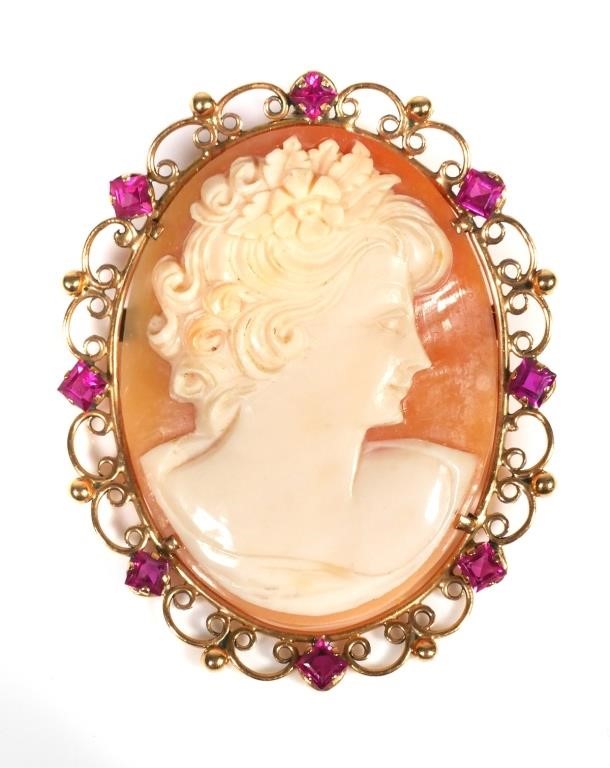 Appraisal: Finely hand carved cameo portrait set in yellow gold with