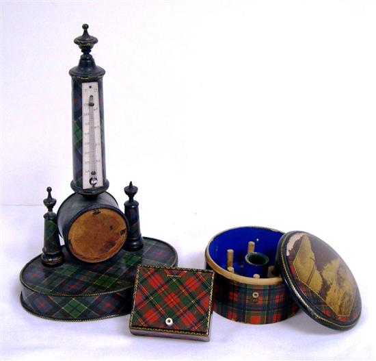 Appraisal: Three pieces of Tartanware ''Leslie'' pattern tartan desk thermometer a