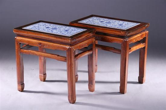 Appraisal: PAIR CHINESE WOOD END TABLES WITH TILE INSET Of rectangular-form