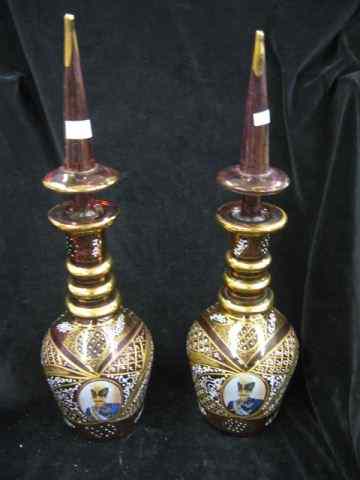 Appraisal: Pair of Persian Art Glass Decanters enameled portrait of Royalty