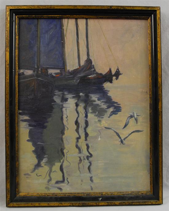 Appraisal: AMERICAN SCHOOL th century SAILBOAT REFLECTIONS oil on canvas x