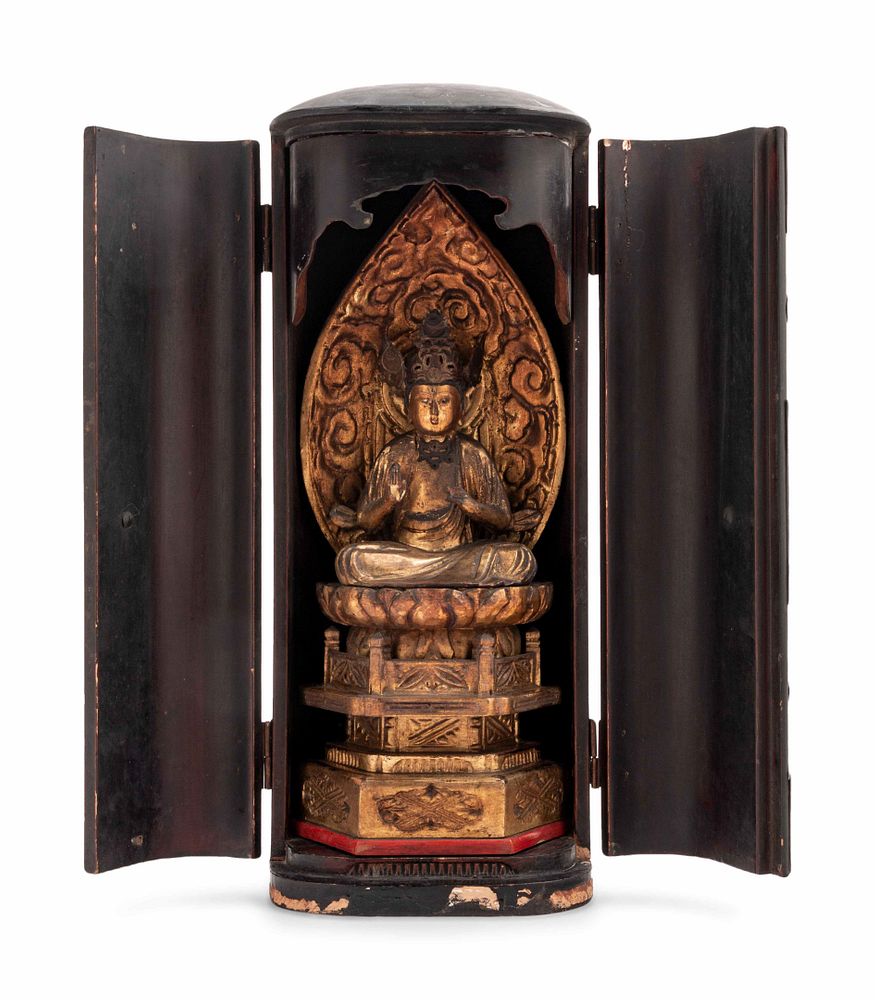 Appraisal: A Black Lacquered Shrine with a Gilt Wood Figure of