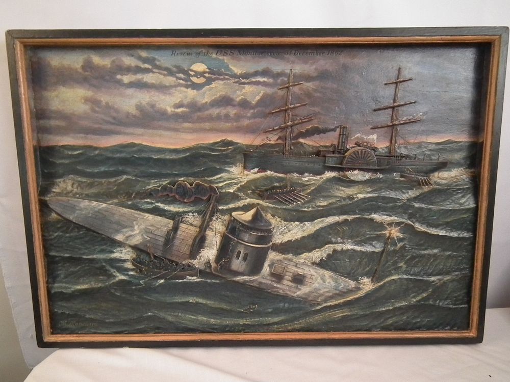 Appraisal: RESCUE OF MONITOR SHIP PLAQUE Old painted and dimensional wood