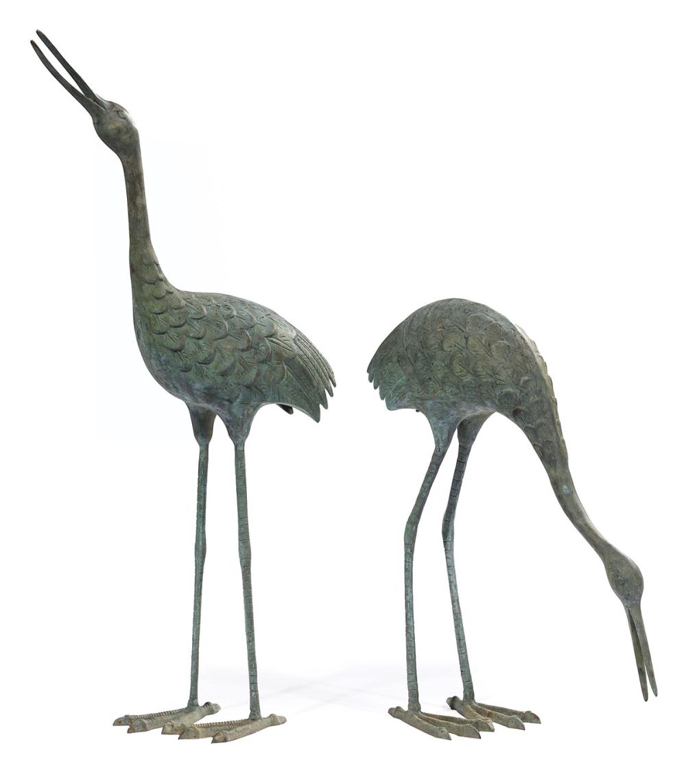 Appraisal: Pair of Large Bronze Garden Figures of Cranes one upright