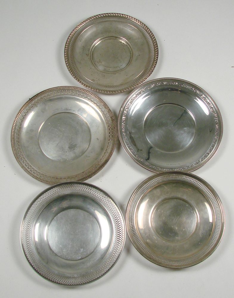 Appraisal: FIVE STERLING SILVER SANDWICH TRAYS By various makers Beaded and