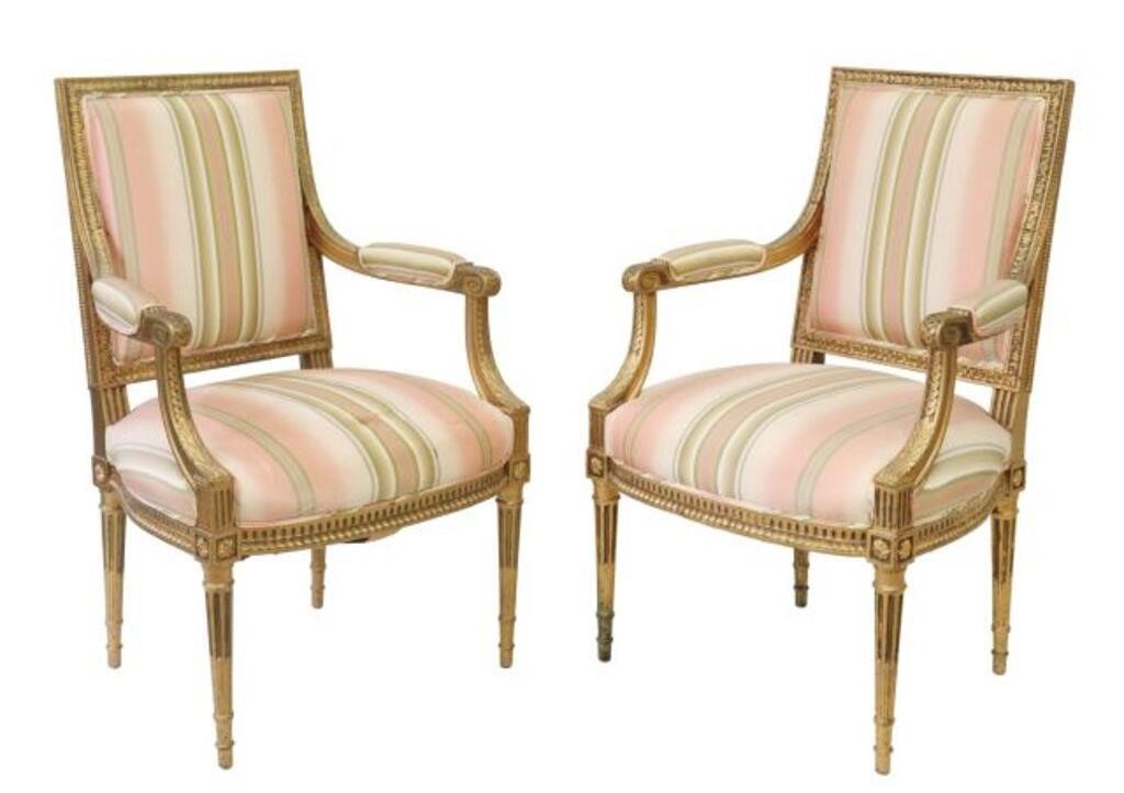 Appraisal: pair Louis XVI style giltwood armchairs late th early th