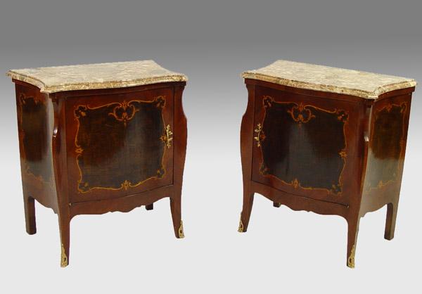 Appraisal: PAIR FRENCH MARBLE TOP COMMODES Inlay stands single door interior