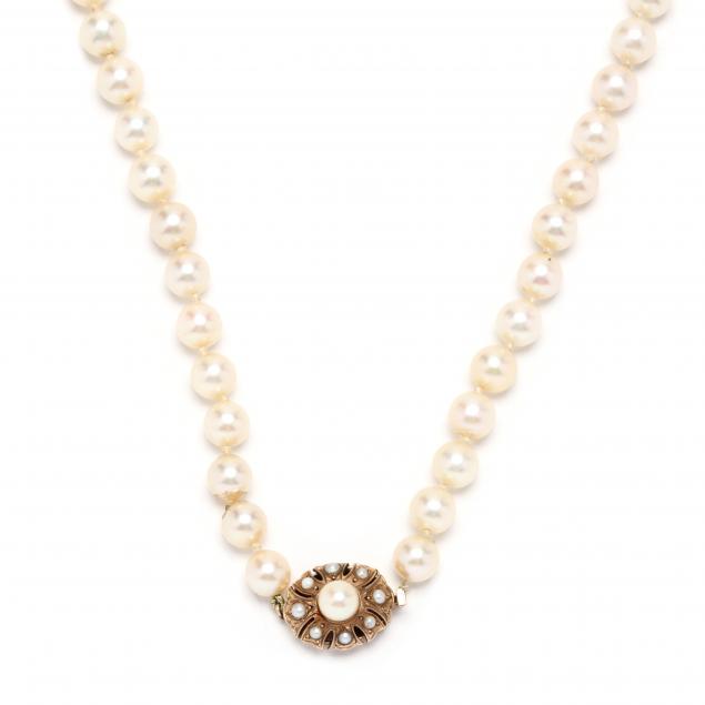 Appraisal: PEARL NECKLACE WITH GOLD AND PEARL CLASP The single strand