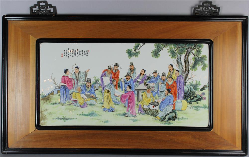 Appraisal: CHINESE FAMILLE ROSE FRAMED PORCELAIN PANEL OF IMMORTALS MODERN the